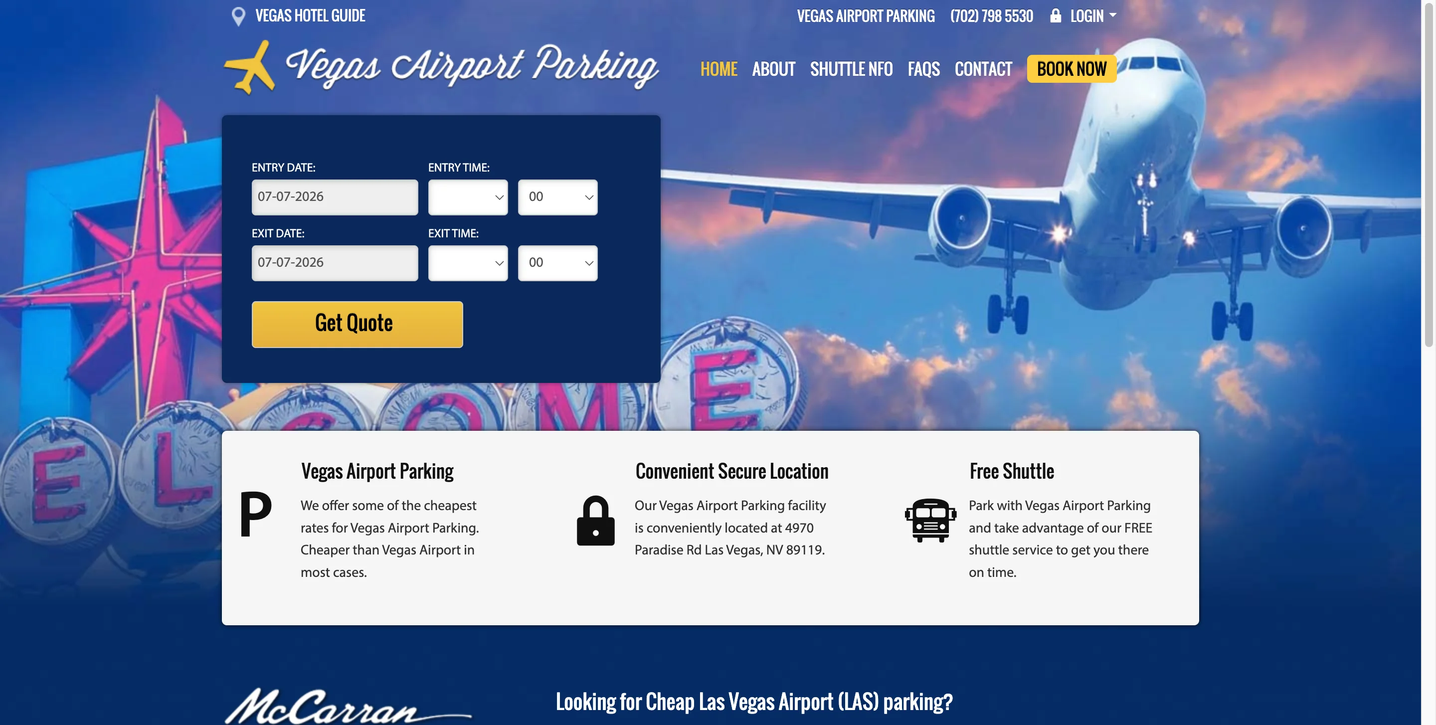 Vegas Airport Parking — airport parking booking platform with live quotes and shuttle scheduling, built by Flipmind